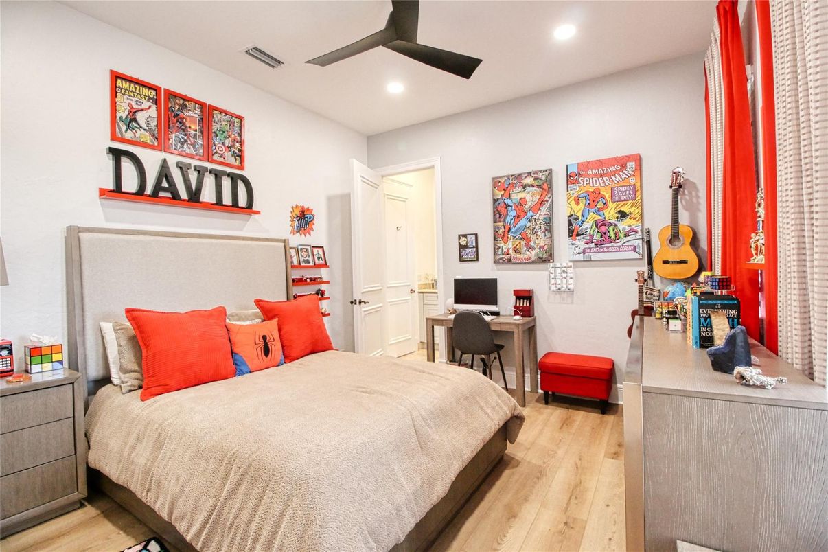 Bedroom, Interior, Recessed Lighting, Wood Texture Flooring