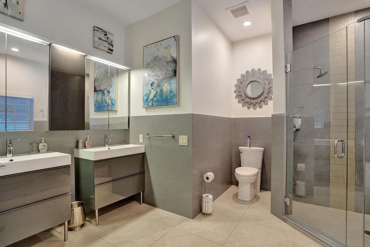 Bathroom, Dual Sink Vanities, Glass Shower, Interior, Recessed Lighting