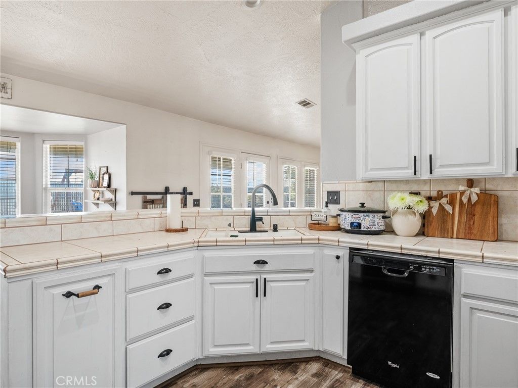 Interior, Kitchen, Tile Countertops, Wood Texture Flooring
