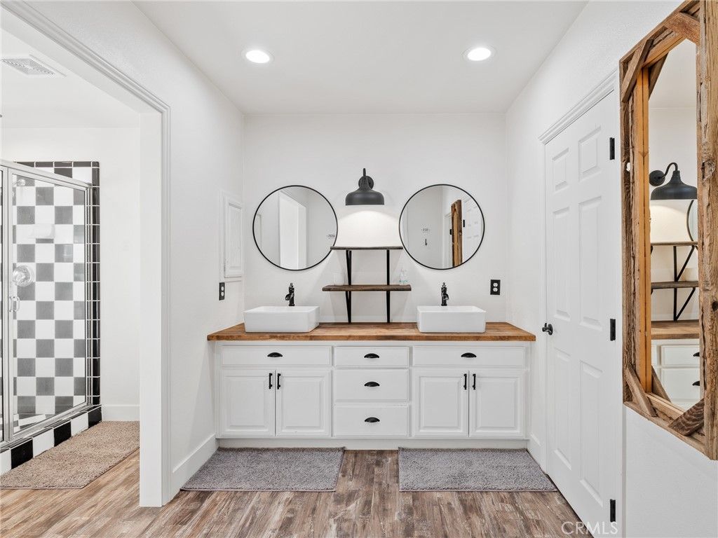 Bathroom, Dual Sink Vanities, Interior, Recessed Lighting, Wood Texture Flooring