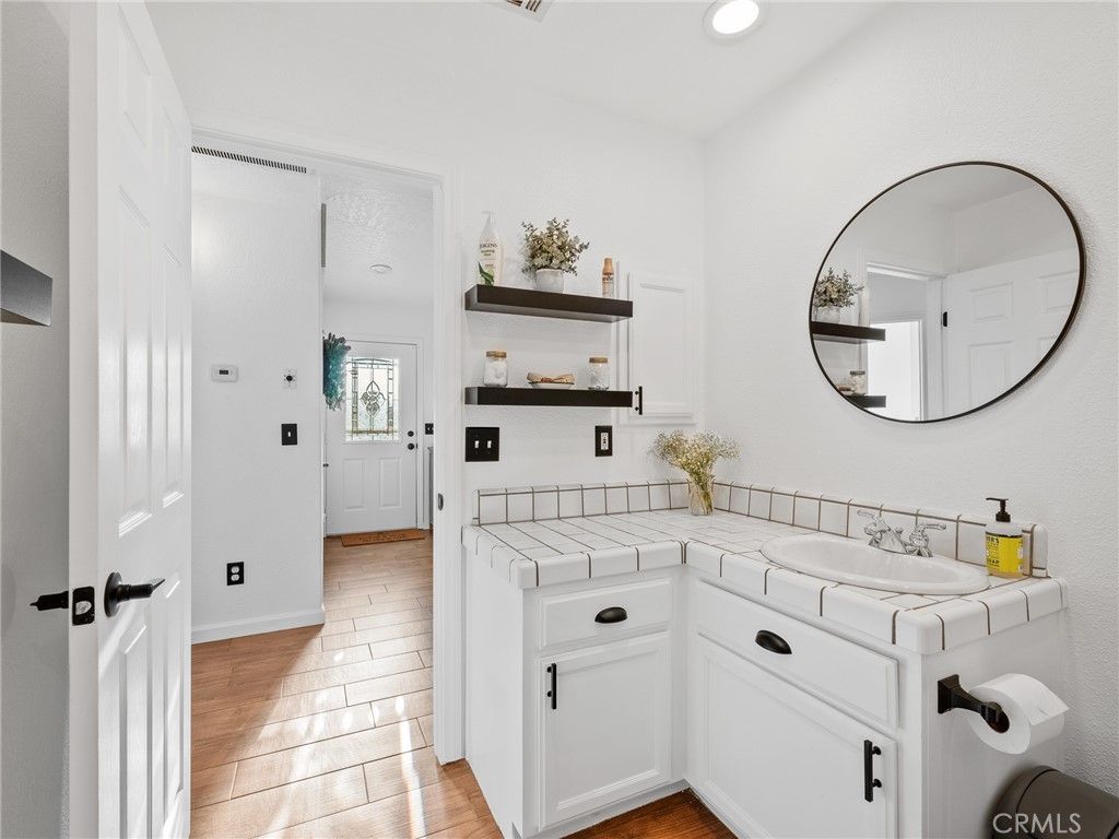 Bathroom, Interior, Recessed Lighting, Tile Countertops, Wood Texture Flooring