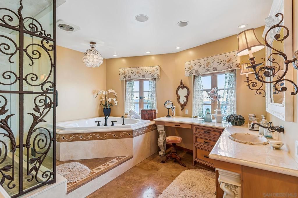 Bathroom, Chandelier, Dual Sink Vanities, Interior, Recessed Lighting