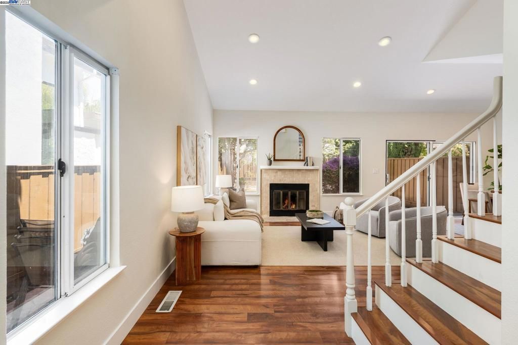 Fireplace, Interior, Living room, Recessed Lighting, Wood Texture Flooring