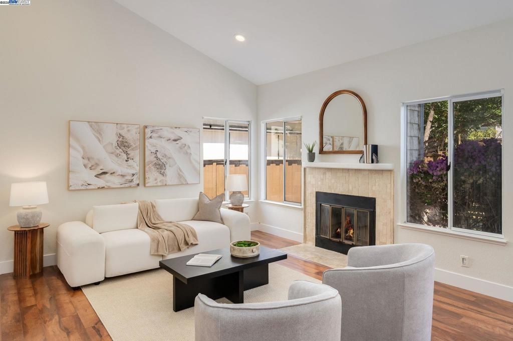 Fireplace, Interior, Living room, Recessed Lighting, Wood Texture Flooring