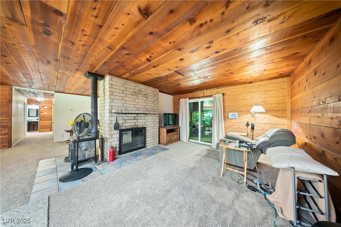 Fireplace, Interior, Recessed Lighting, Stone Walls, Wooden Ceilings, Wooden Walls