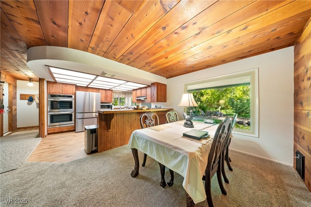 Dining room, Interior, Kitchen, Stainless Steel Appliances, Wooden Ceilings, Wood Texture Flooring
