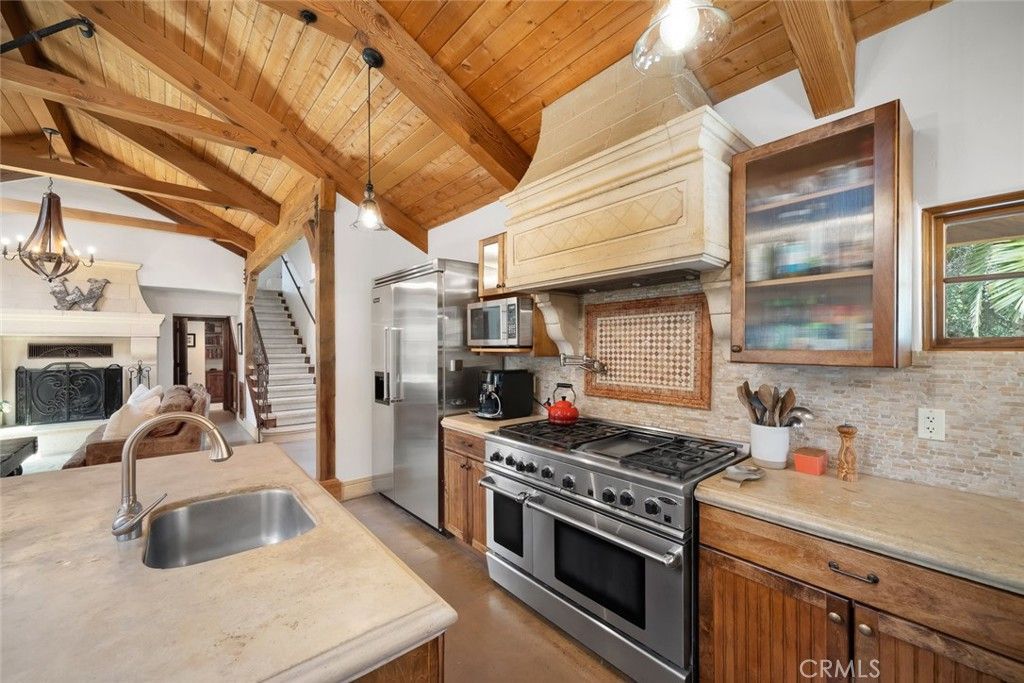Chandelier, Interior, Kitchen, Pendant Lights, Stainless Steel Appliances, Wooden Beams, Wooden Ceilings