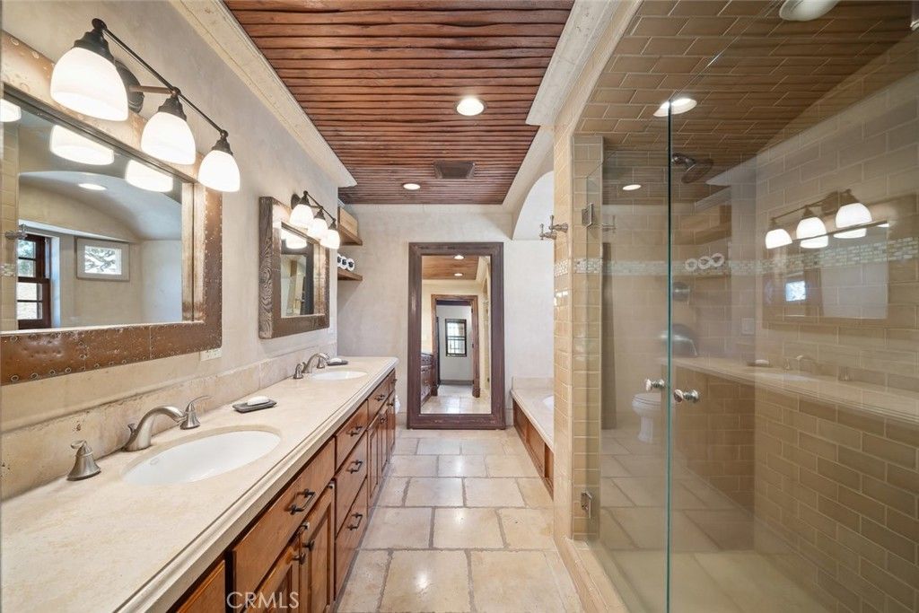 Bathroom, Dual Sink Vanities, Glass Shower, Interior, Recessed Lighting, Wooden Ceilings