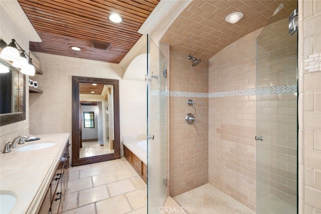 Bathroom, Dual Sink Vanities, Glass Shower, Interior, Recessed Lighting, Wooden Ceilings