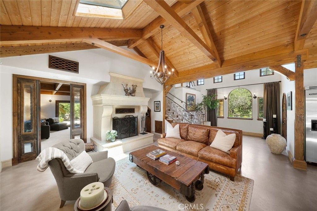 Chandelier, Fireplace, Interior, Living room, Pendant Lights, Wooden Beams, Wooden Ceilings
