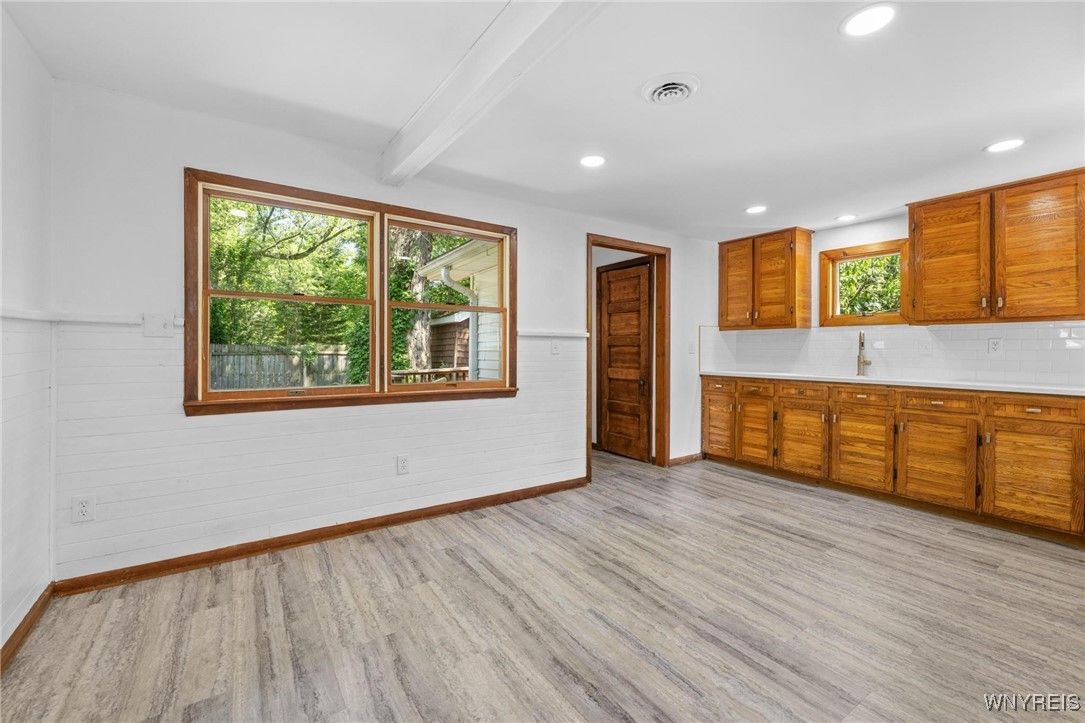 Empty room, Interior, Kitchen, Recessed Lighting, Wood Texture Flooring