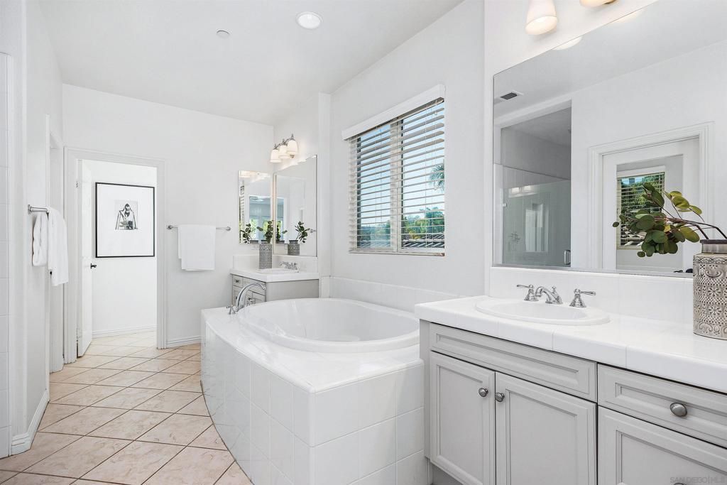 Bathroom, Dual Sink Vanities, Interior, Recessed Lighting, Tile Countertops
