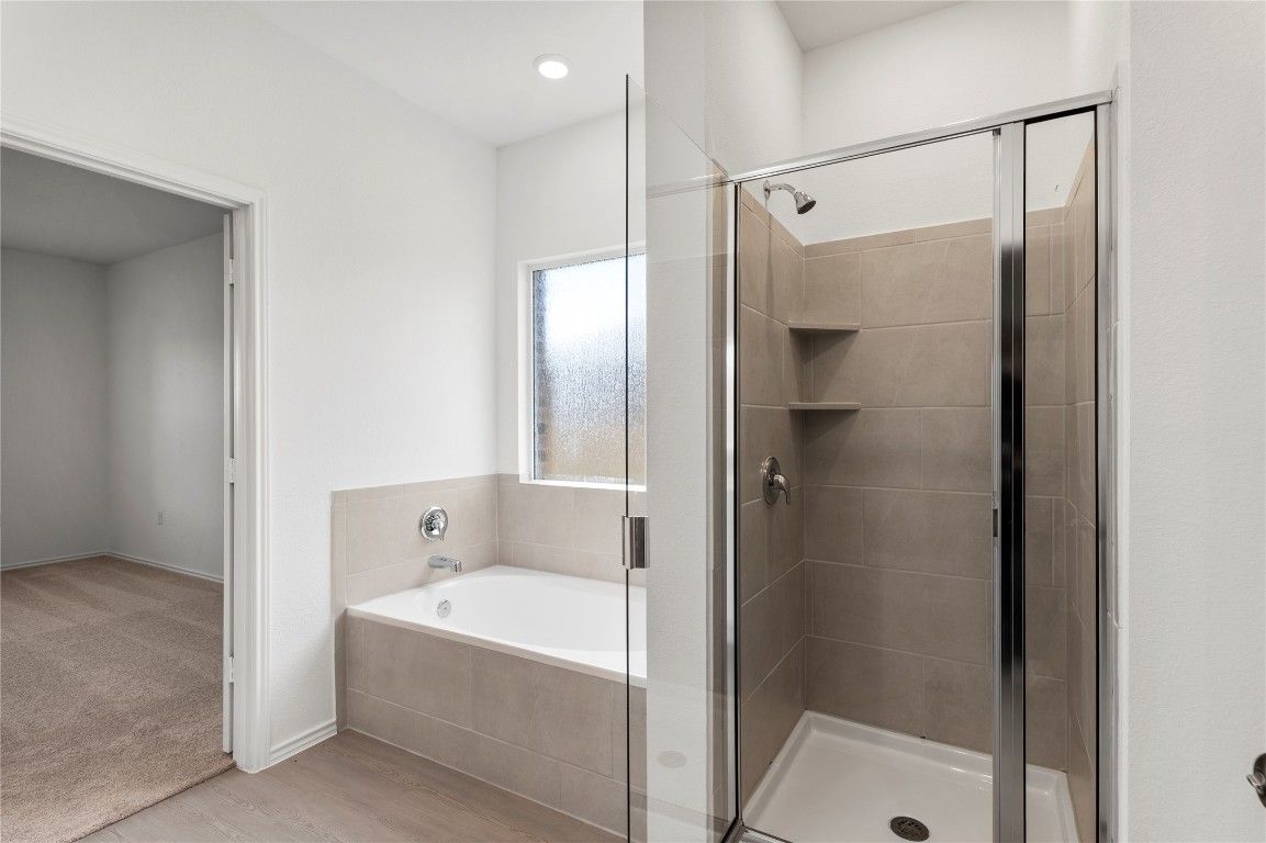 Bathroom, Glass Shower, Interior, Recessed Lighting, Wood Texture Flooring
