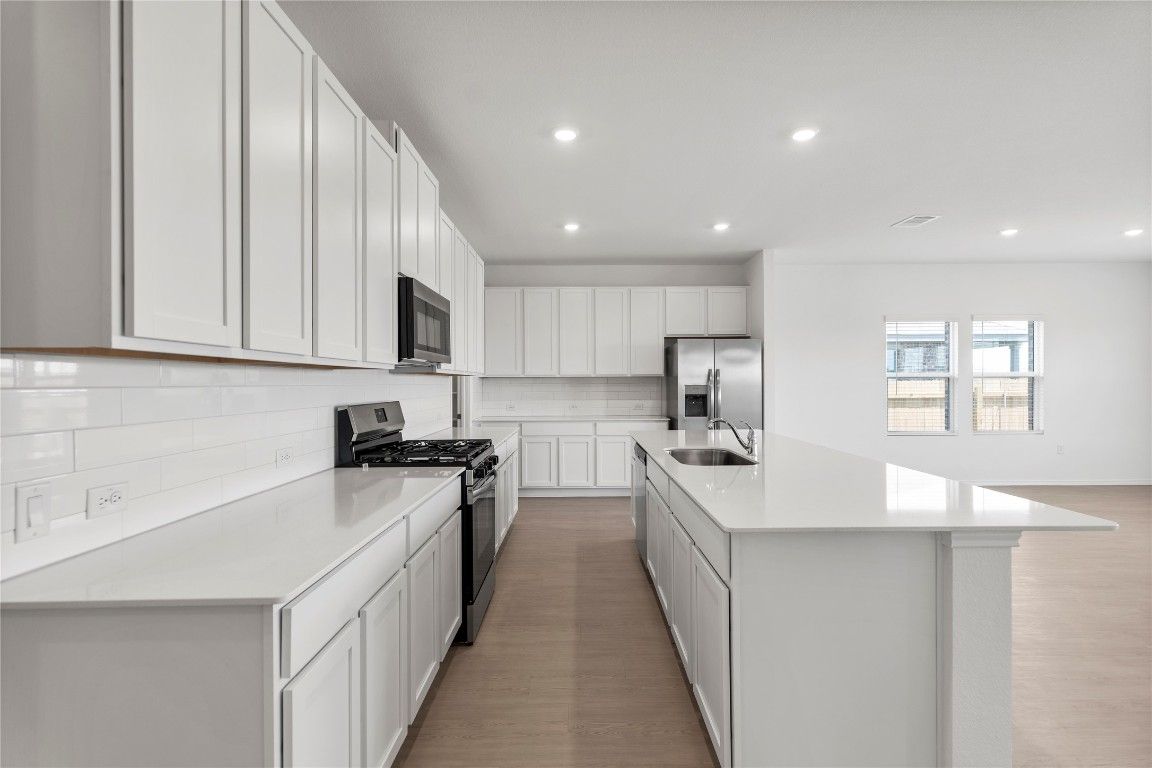 Interior, Kitchen, Recessed Lighting, Stainless Steel Appliances, Wood Texture Flooring