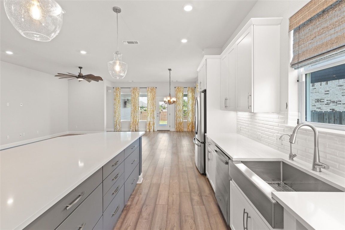 Chandelier, Interior, Kitchen, Pendant Lights, Recessed Lighting, Wood Texture Flooring