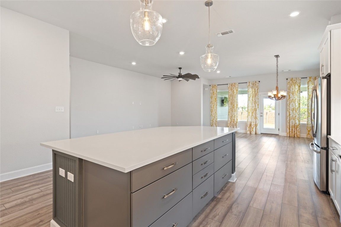 Chandelier, Interior, Kitchen, Pendant Lights, Recessed Lighting, Wood Texture Flooring