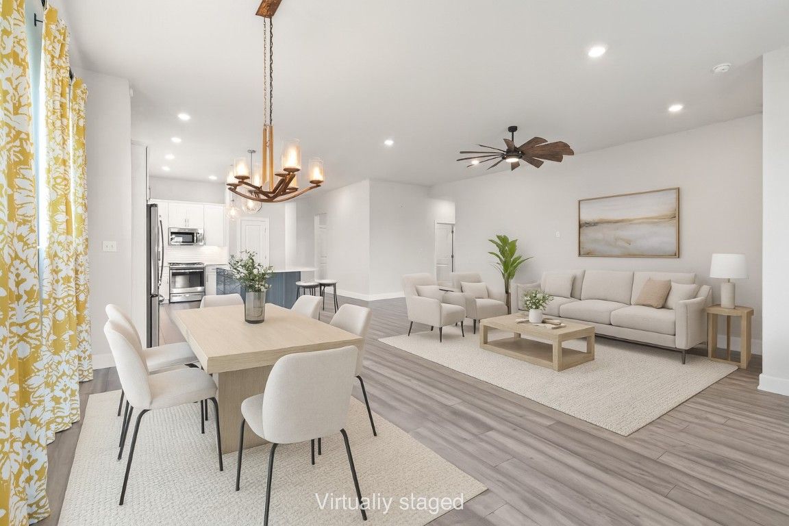 Chandelier, Dining room, Interior, Kitchen, Living room, Recessed Lighting, Stainless Steel Appliances, Wood Texture Flooring
