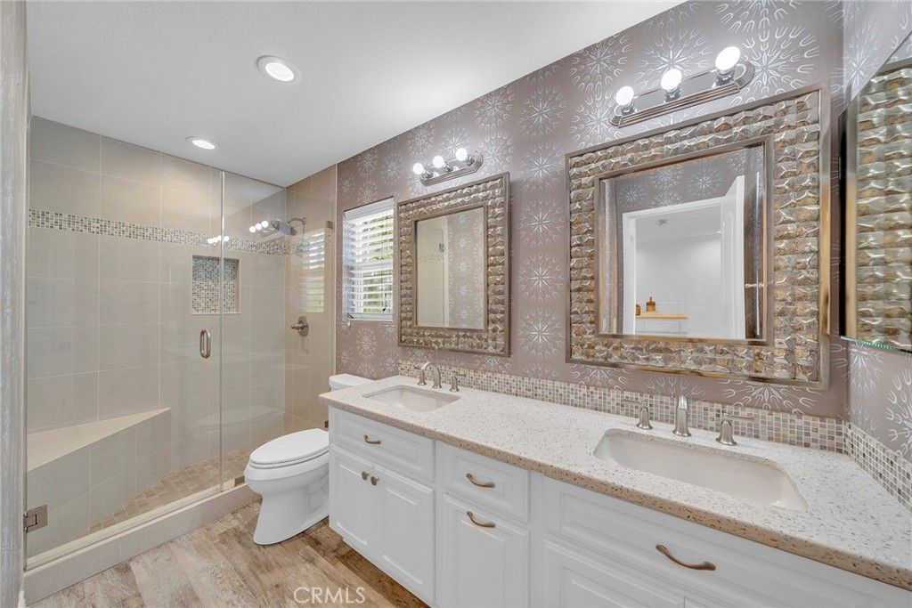 Bathroom, Dual Sink Vanities, Glass Shower, Interior, Recessed Lighting, Wood Texture Flooring