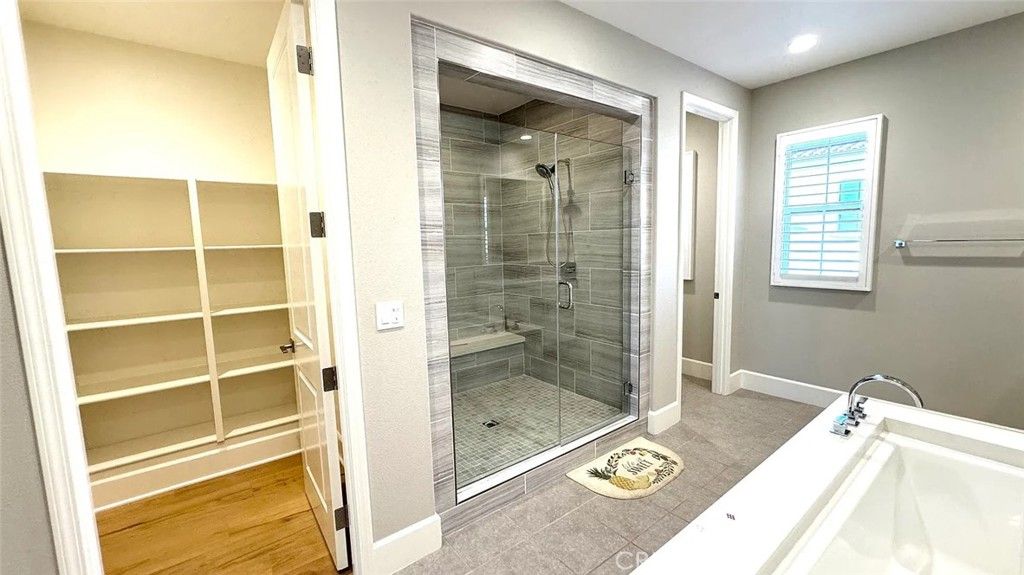Bathroom, Glass Shower, Interior, Recessed Lighting, Wood Texture Flooring