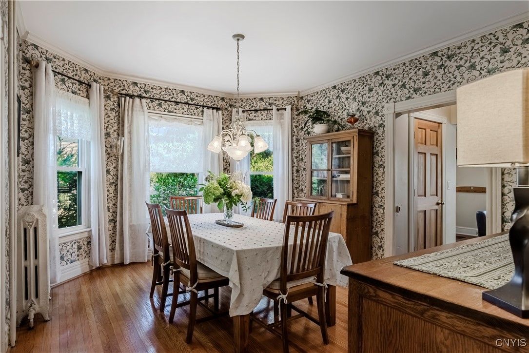 Dining room, Interior, Pendant Lights, Wood Texture Flooring
