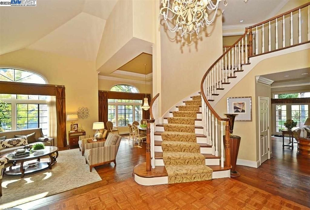 Chandelier, Interior, Living room, Recessed Lighting, Wood Texture Flooring