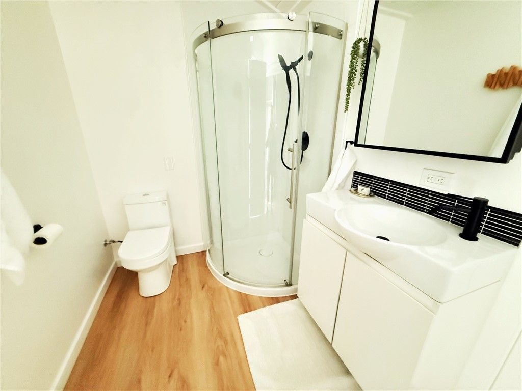 Bathroom, Glass Shower, Interior, Wood Texture Flooring