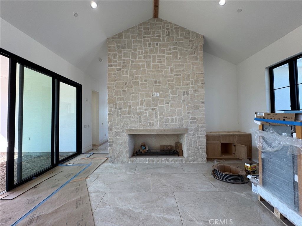 Empty room, Fireplace, Interior, Recessed Lighting, Stone Walls