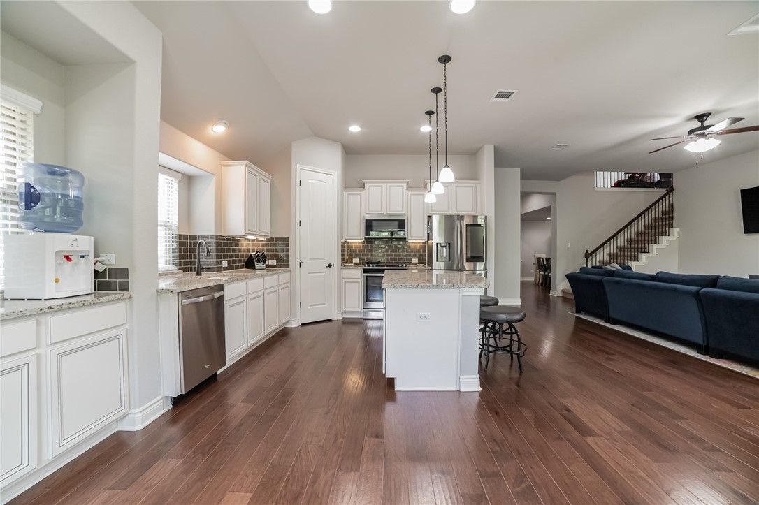 Interior, Kitchen, Living room, Pendant Lights, Recessed Lighting, Stainless Steel Appliances, Wood Texture Flooring