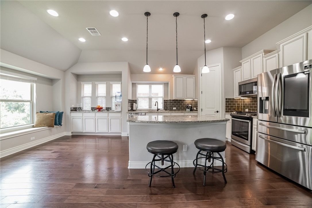 Interior, Kitchen, Pendant Lights, Recessed Lighting, Stainless Steel Appliances, Wood Texture Flooring