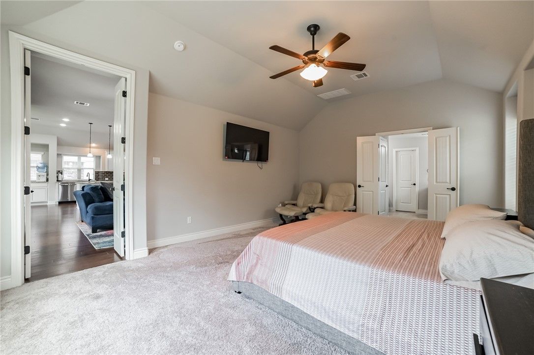 Bedroom, Interior, Pendant Lights, Recessed Lighting, Wood Texture Flooring
