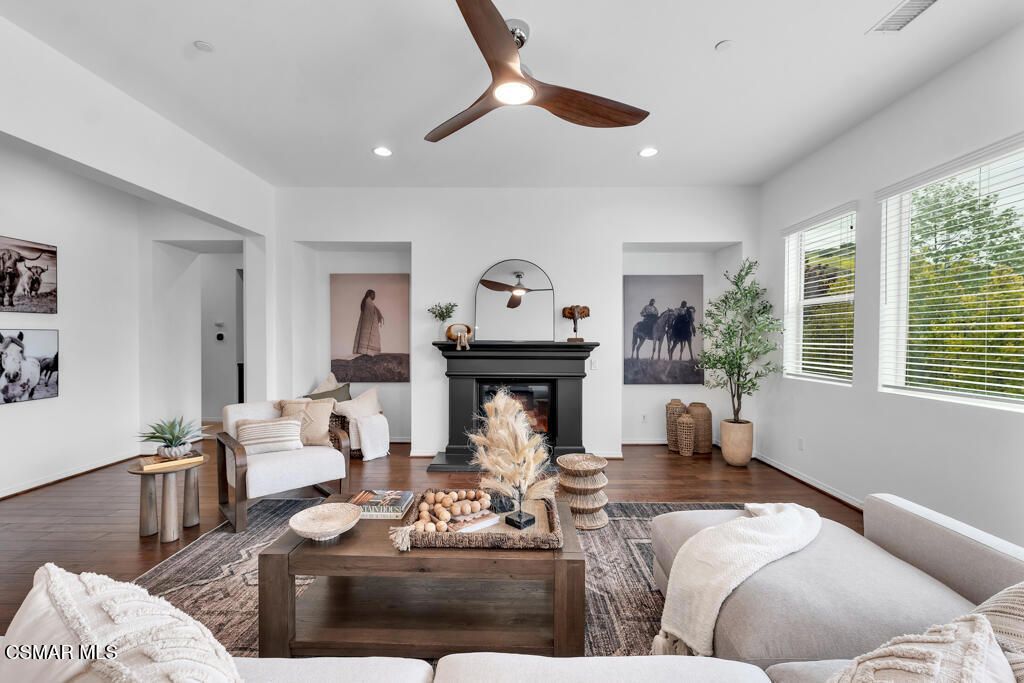 Fireplace, Interior, Living room, Recessed Lighting, Wood Texture Flooring