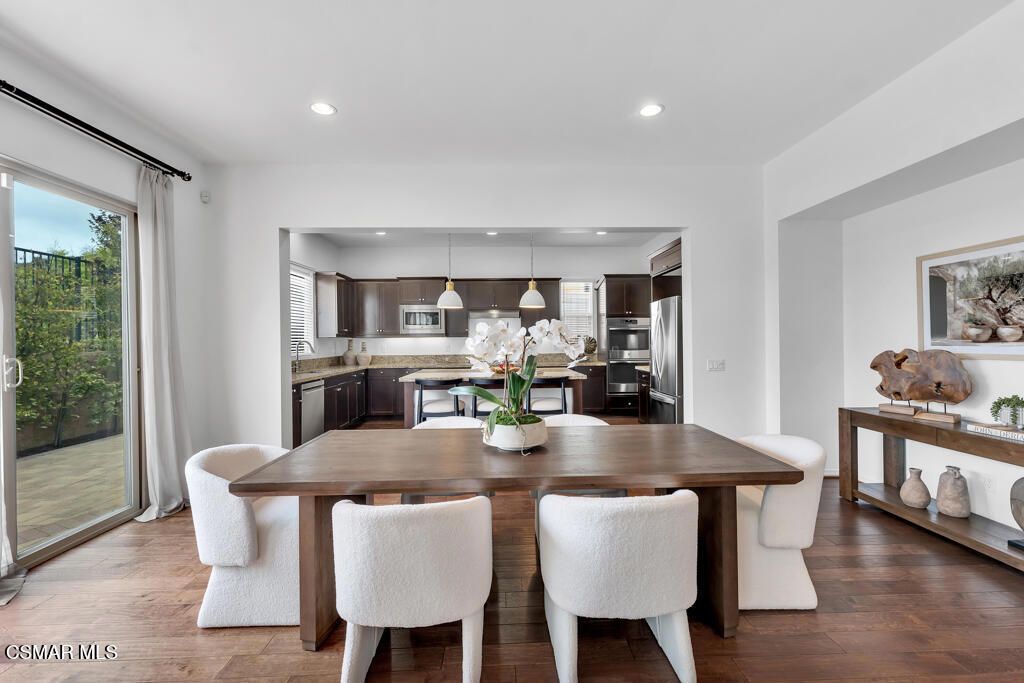 Dining room, Interior, Kitchen, Pendant Lights, Recessed Lighting, Stainless Steel Appliances, Wood Texture Flooring