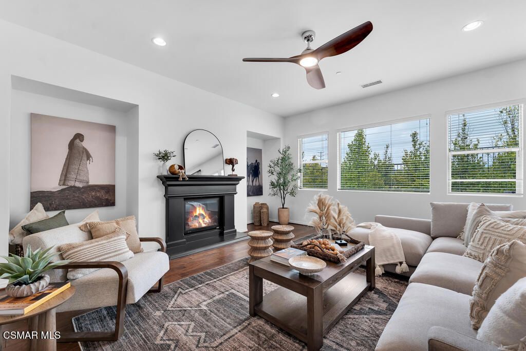Fireplace, Interior, Living room, Recessed Lighting, Wood Texture Flooring