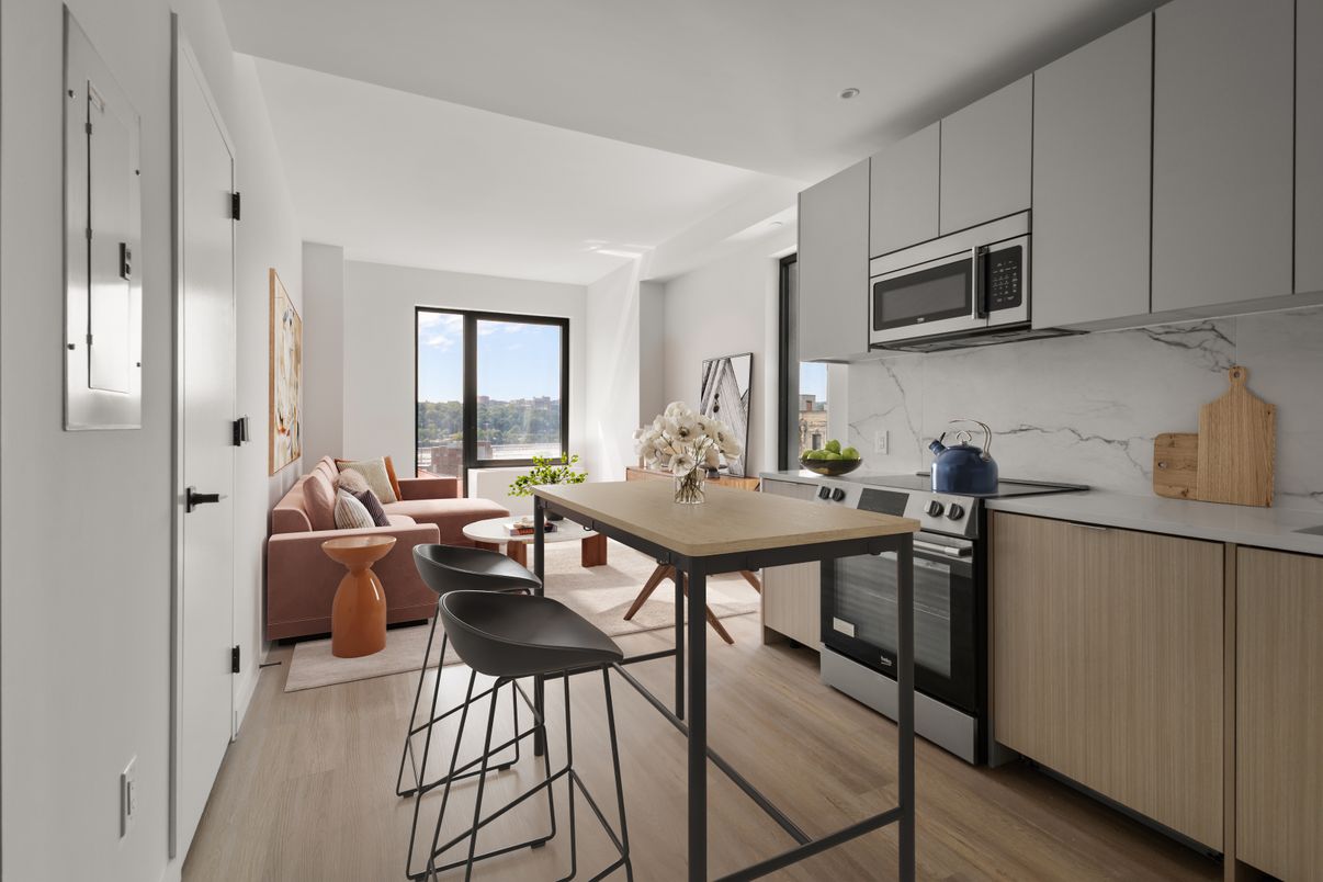 Interior, Kitchen, Living room, Marble Walls, Recessed Lighting, Stainless Steel Appliances, Wood Texture Flooring