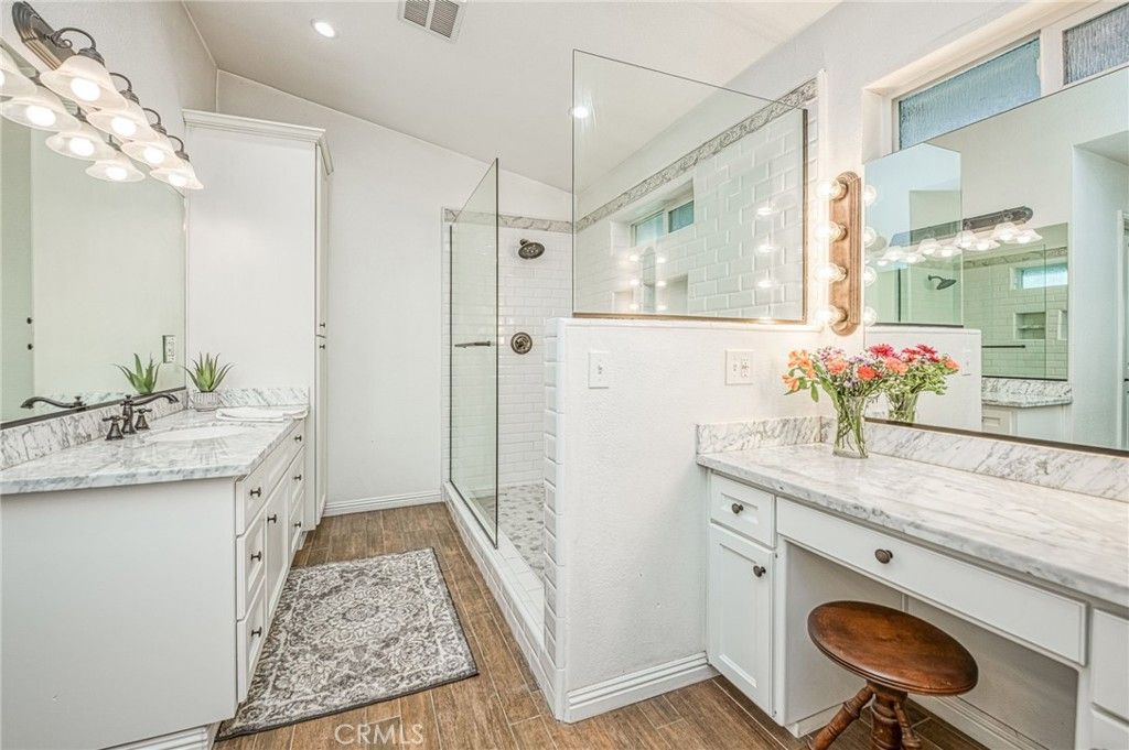 Bathroom, Glass Shower, Interior, Recessed Lighting, Wood Texture Flooring