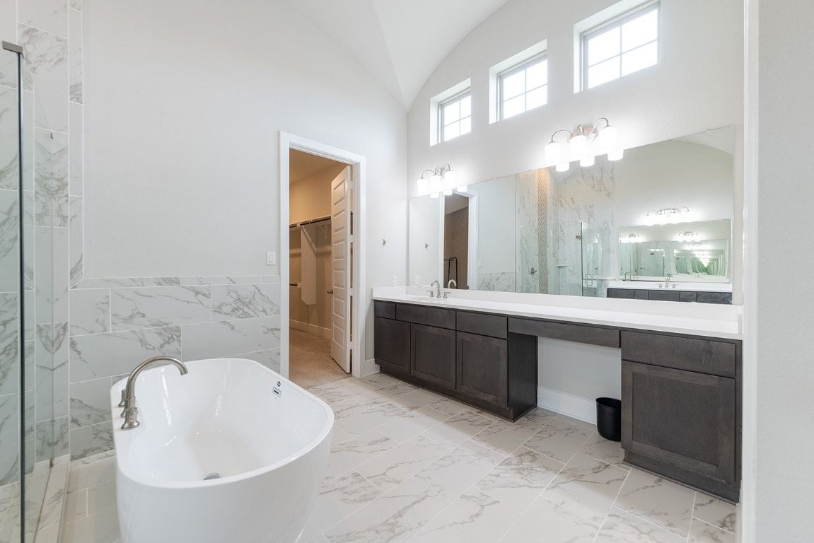 Bathroom, Dual Sink Vanities, Free Standing Baths, Interior, Marble, Marble Walls
