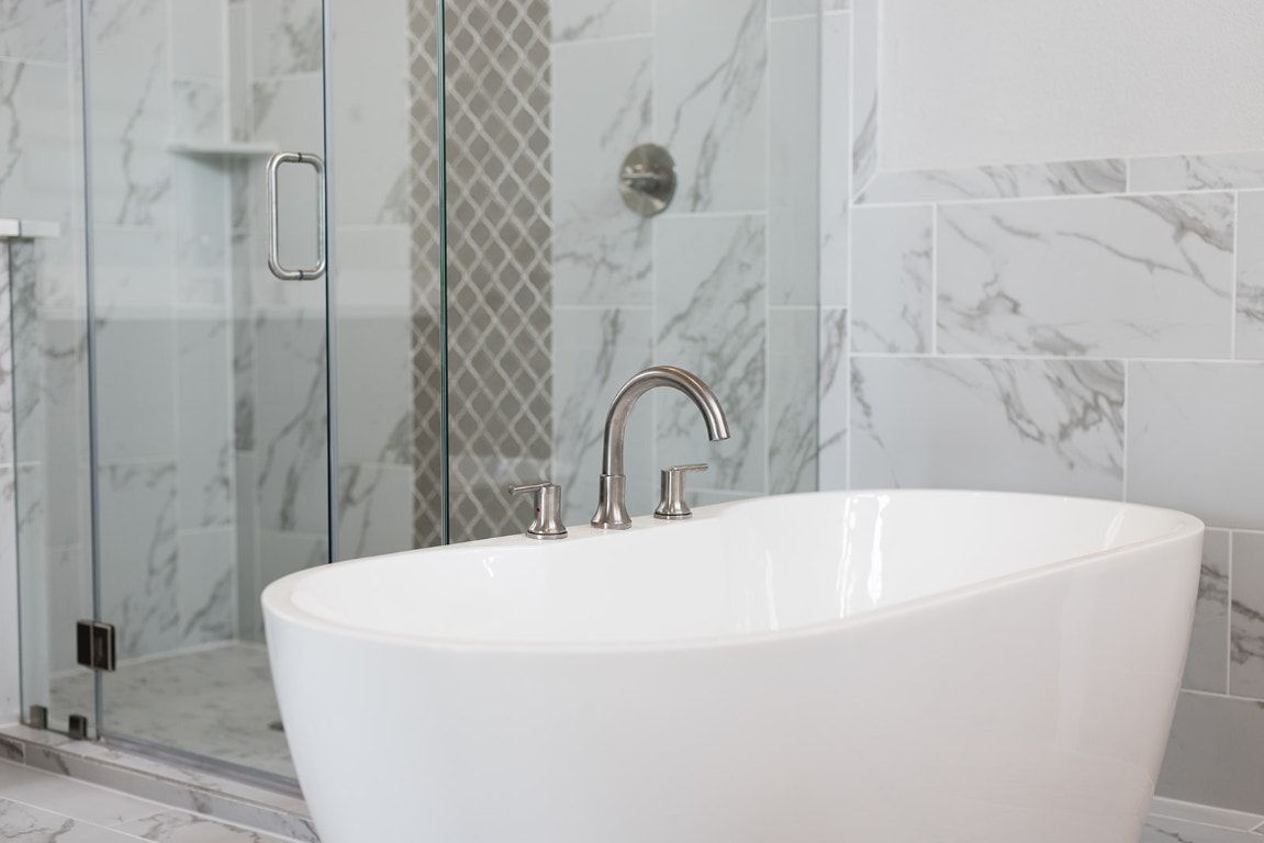 Bathroom, Free Standing Baths, Glass Shower, Interior, Marble Walls