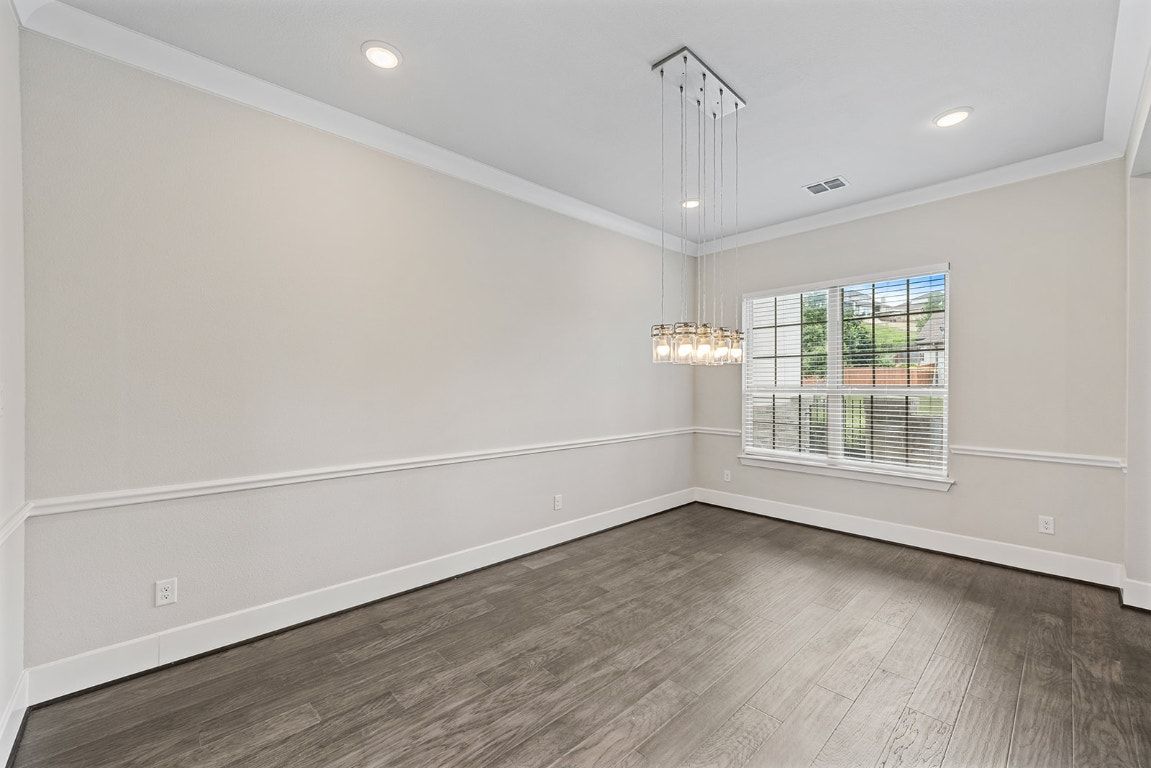 Empty room, Interior, Pendant Lights, Recessed Lighting, Wood Texture Flooring