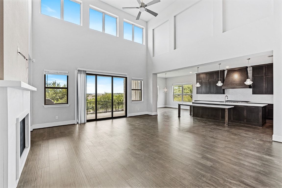 Fireplace, Interior, Kitchen, Pendant Lights, Wood Texture Flooring