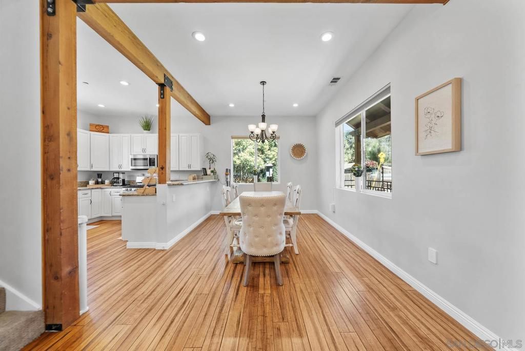 Chandelier, Dining room, Interior, Kitchen, Recessed Lighting, Wooden Beams, Wood Texture Flooring