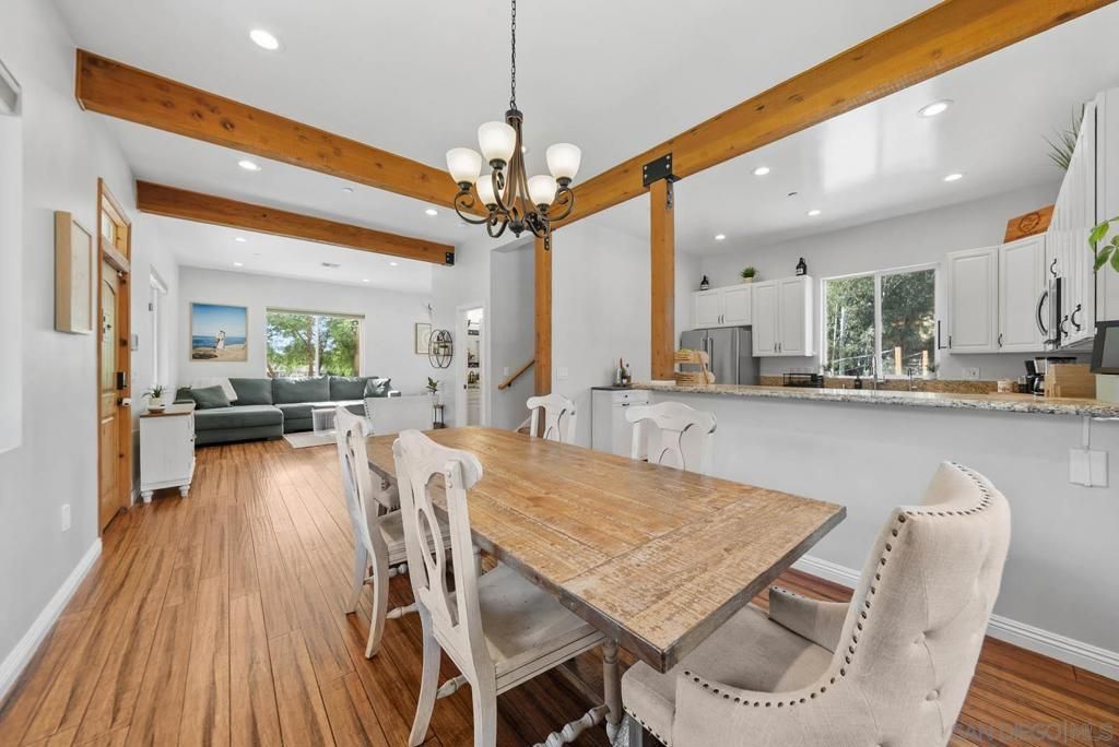 Chandelier, Dining room, Interior, Kitchen, Living room, Recessed Lighting, Wooden Beams, Wood Texture Flooring