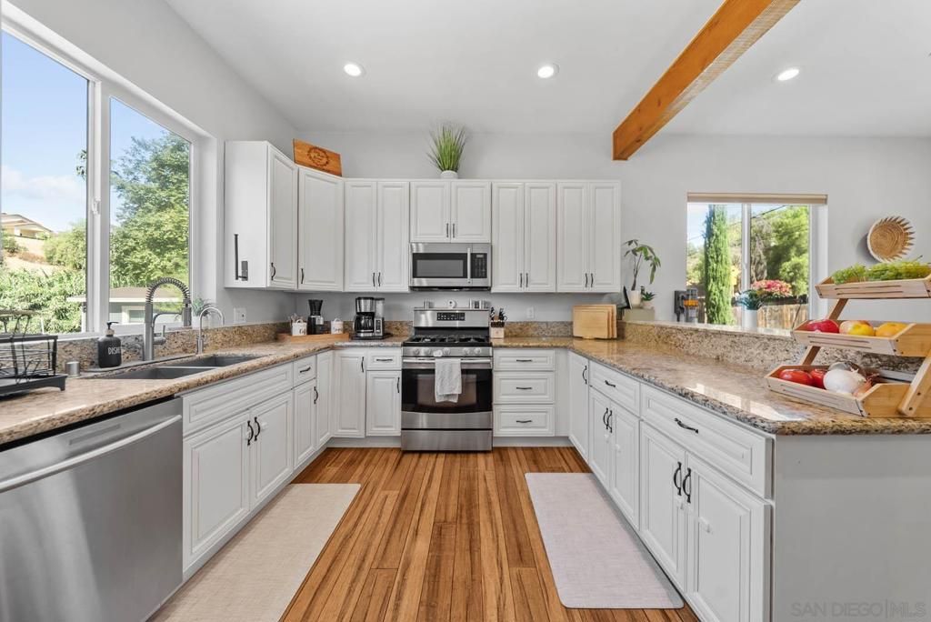 Interior, Kitchen, Recessed Lighting, Stainless Steel Appliances, Wooden Beams, Wood Texture Flooring