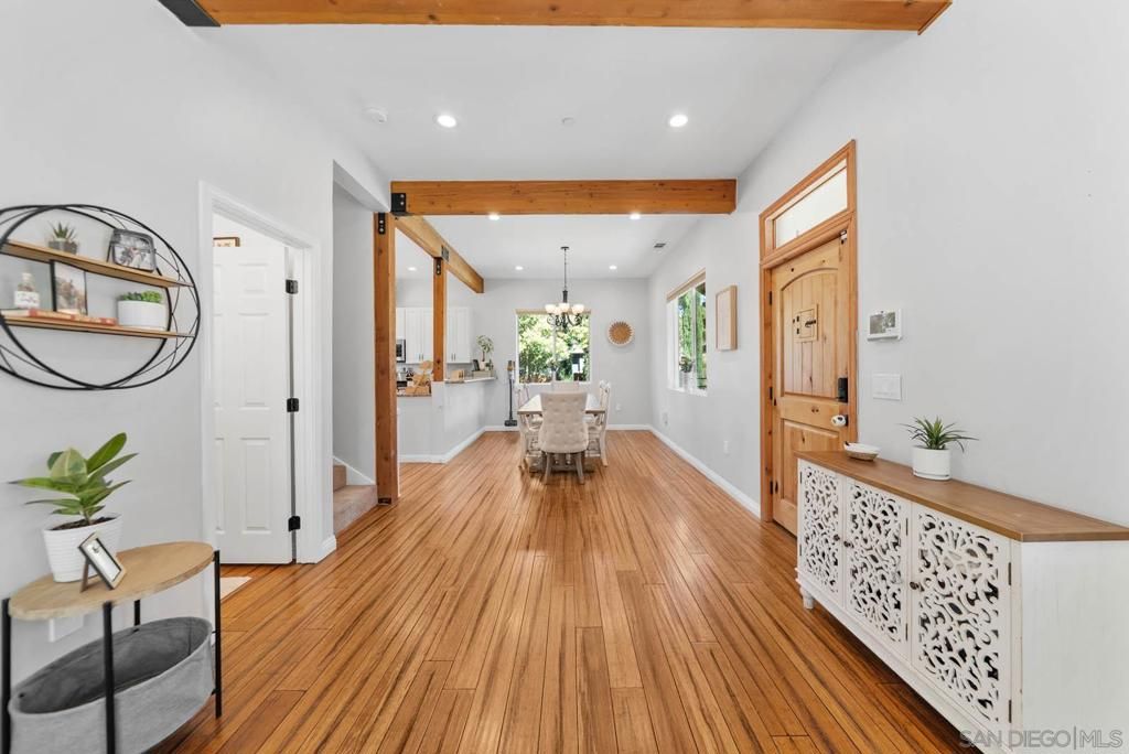 Chandelier, Dining room, Interior, Recessed Lighting, Wooden Beams, Wood Texture Flooring