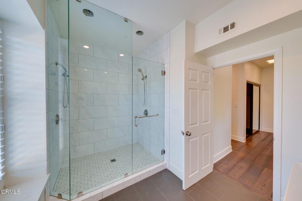 Bathroom, Glass Shower, Interior, Recessed Lighting, Wood Texture Flooring