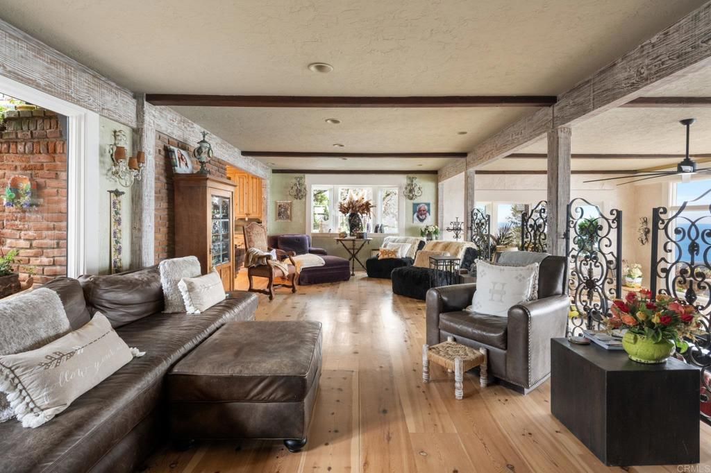 Interior, Living room, Recessed Lighting, Stone Walls, Wooden Beams, Wood Texture Flooring