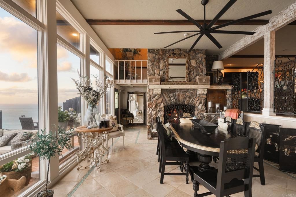 Dining room, Fireplace, Interior, Stone Walls, Water