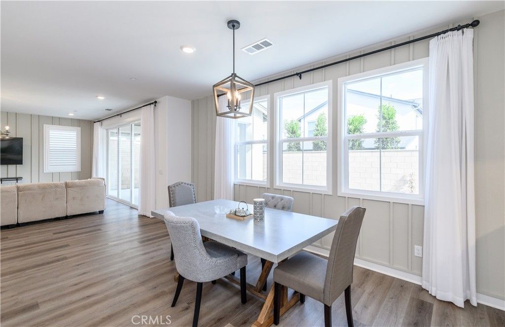 Dining room, Interior, Pendant Lights, Recessed Lighting, Wood Texture Flooring