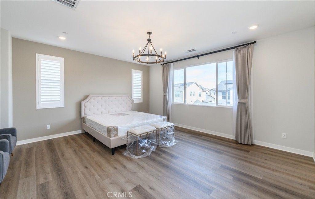 Bedroom, Chandelier, Interior, Recessed Lighting, Wood Texture Flooring