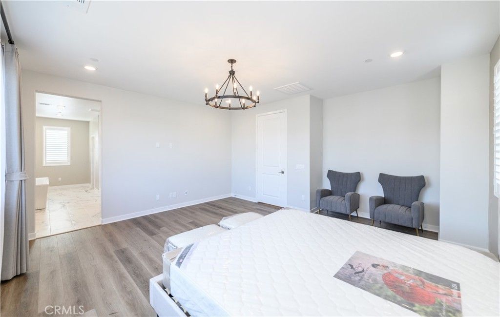 Bedroom, Chandelier, Interior, Marble, Recessed Lighting, Wood Texture Flooring