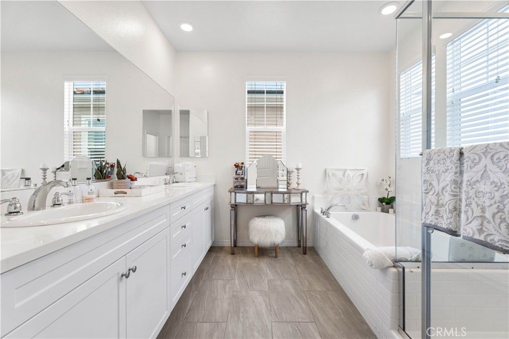 Bathroom, Dual Sink Vanities, Interior, Recessed Lighting, Wood Texture Flooring